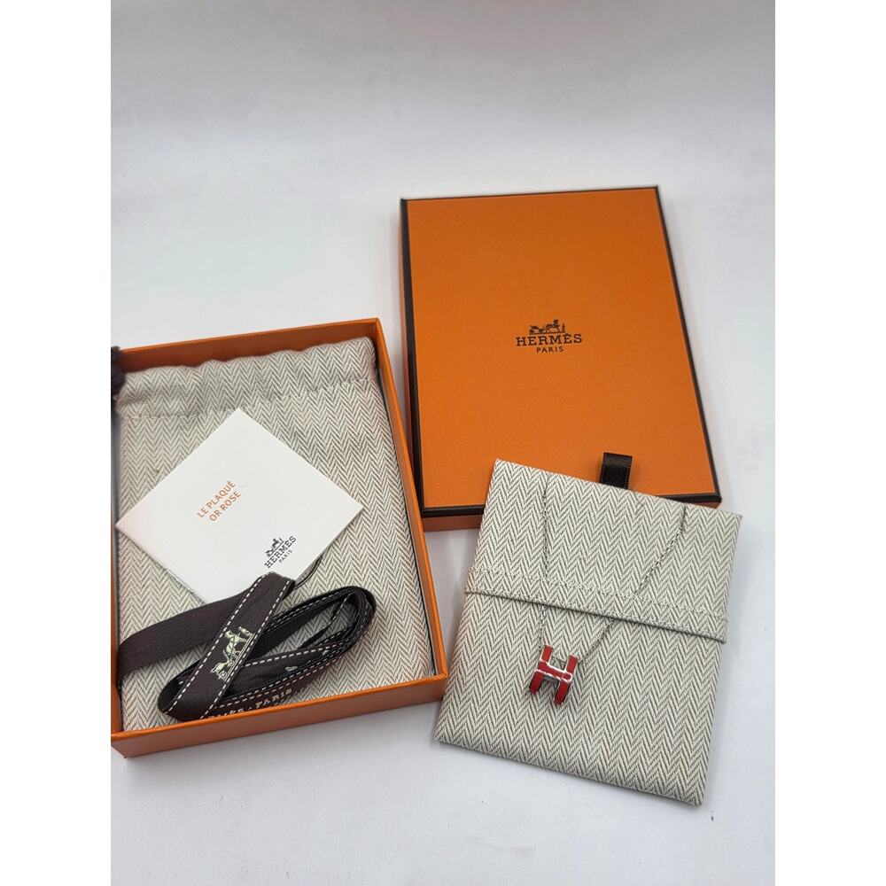 Hermes Red Enamel and Palladium Plated Pop H Pendant Necklace - Picture 9 of 14